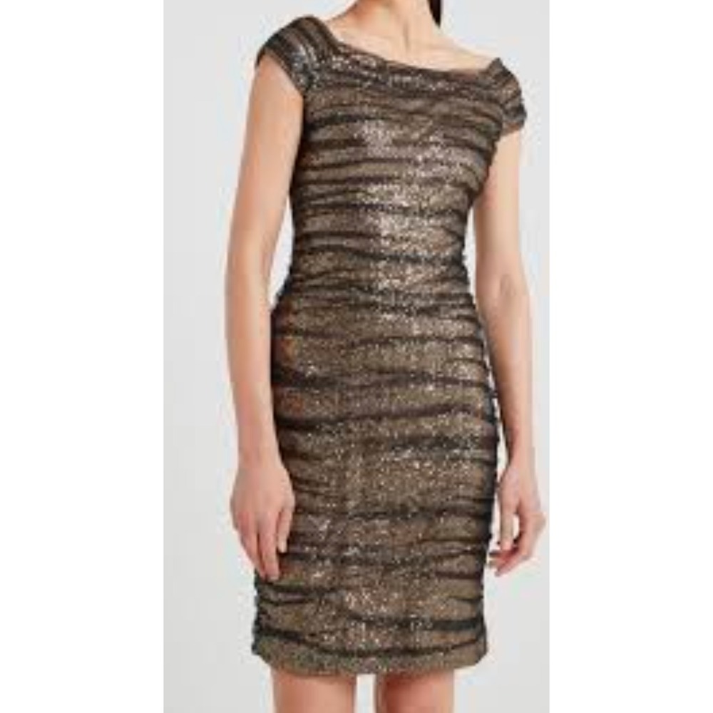 Ralph Lauren Evening Mesh Rushed Sequin Sheath Dress 6 Black Gold Party Cocktail